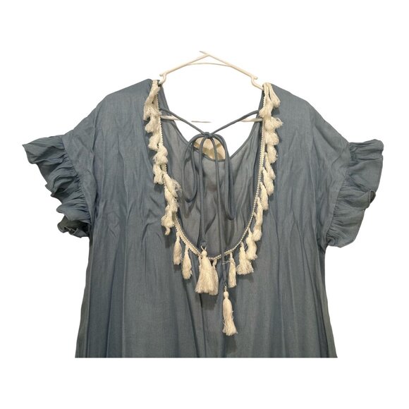 Mulla Fringe Tunic Dress Womens Large Blue Tassel Scoopback Tiered Hem Bohemian - Picture 8 of 14